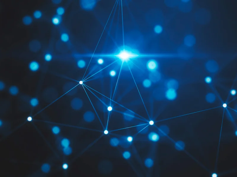 Blue glowing network of interconnected points and lines representing digital connectivity. (Informative)