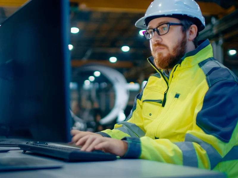 Bearded worker in a safety helmet and high-visibility jacket typing at a computer in an industrial setting.