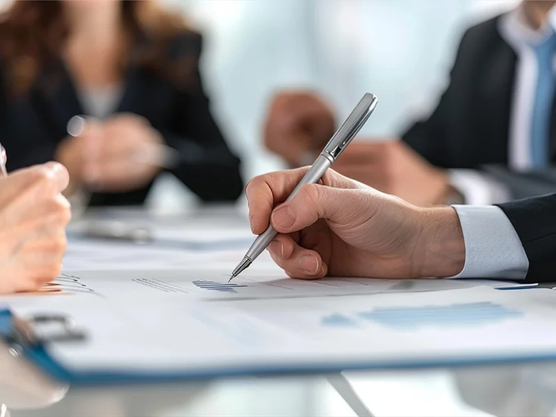 Close-up of a hand signing a document with a silver pen during a business meeting, with others blurred in the background in suits.