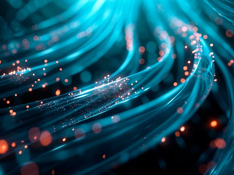 Abstract image of blue swirling light trails with orange bokeh orbs suggesting fiber optics or data streams.