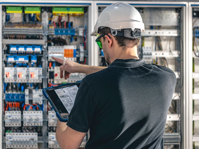 Technician in a hard hat and safety glasses uses a tablet to inspect an electrical control panel.